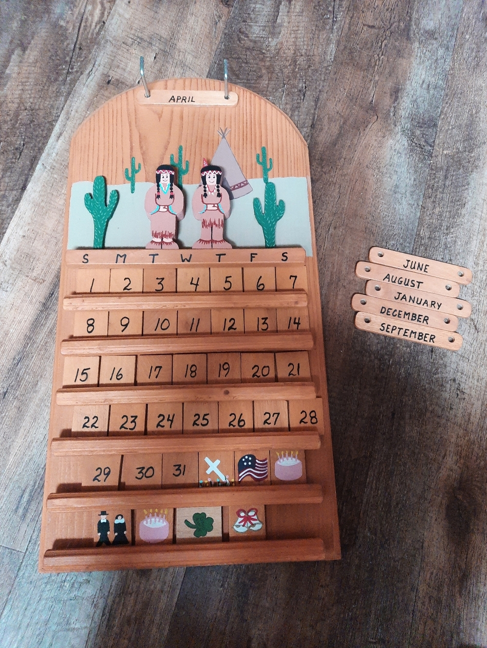 Vintage Handpainted Wooden Perpetual Calendar - Native Motif